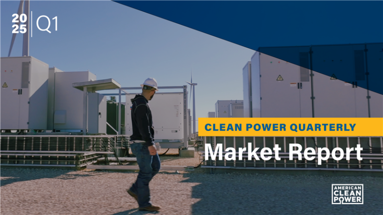 Report cover for ACP's Q1 2025 market report, featuring graphics and text over a picture of a man in an energy storage facility.