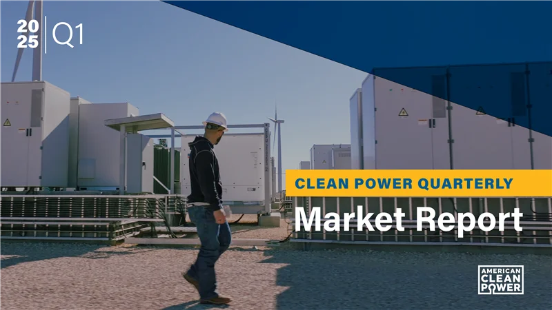 Report cover for ACP's Q1 2025 market report, featuring graphics and text over a picture of a man in an energy storage facility.