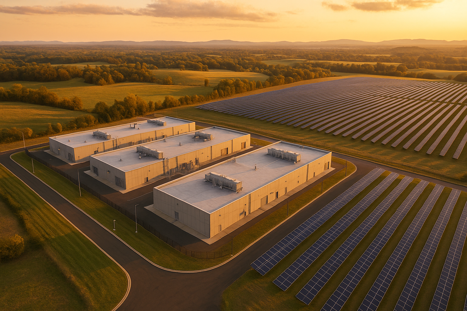 AI composition of an aerial drone photograph of a modern data center complex with adjacent solar farm in rural Virginia, shot during golden hour with warm natural lighting. The data center features plain industrial architecture with large rectangular buildings, minimal windows, and basic security fencing - focusing on the simple, utilitarian design typical of actual facilities. A 100-200 MW solar photovoltaic installation is positioned nearby, showing organized rows of solar panels extending across gently rolling Virginia countryside. The composition shows the data center as the main focal point from a 45-degree angle at approximately 500 feet altitude, captured with a wide-angle lens. Rolling hills with mixed deciduous trees, farmland, and rural Virginia landscape. Well-maintained access roads and proper setbacks between facilities. Keep transmission infrastructure minimal and simple. Photo-realistic quality with vibrant but natural golden hour colors, sharp details, and professional lighting. No text, logos, or branding visible.