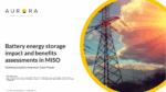 Cover slide of a report titled ‘Battery energy storage impact and benefits assessments in MISO,’ commissioned by American Clean Power and prepared by Aurora Energy Research. The slide features a large transmission tower with power lines against a partly cloudy sky with sunlight, framed by a circular yellow border on the right.