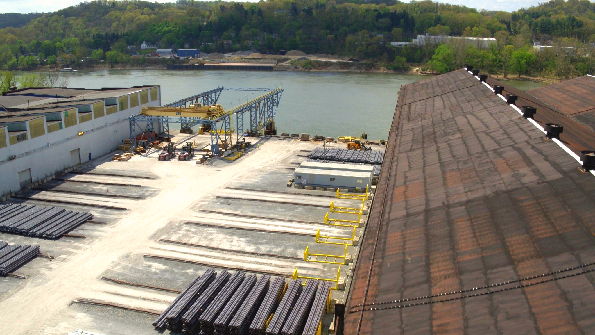 Exterior view of JM Steelʼs Leetsdale, Pennsylvania facility, formerly a historic steel plant site.